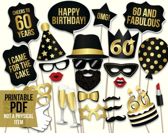 60th birthday photo booth props: printable PDF. Black and gold Sixtieth birthday party supplies. Instant download Mustache, lips, glasses