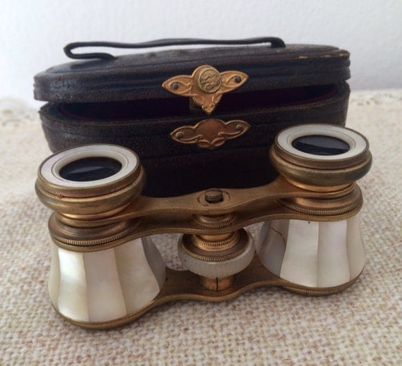Antique German Opera Glasses German Mother of Pearl and Brass with Leather Case. Totally Steam Punk by BavarianDreams steampunk buy now online