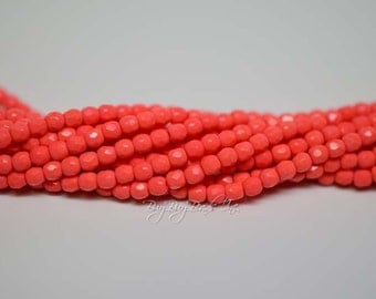3MM, Coral, Round Faceted, Fire Polished Czech Glass Beads - 50 Beads
