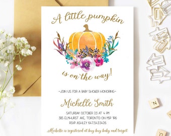 Fall Baby Shower Invitation Girl, Boho, Pumpkin Baby Shower, Little Pumpkin, Floral, Watercolor, Pink, Flowers