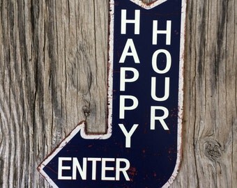 Vintage style tin metal sign // beach house gift // shabby chic rustic navy blue arrow wall art // retro happy hour bar kitchen decor