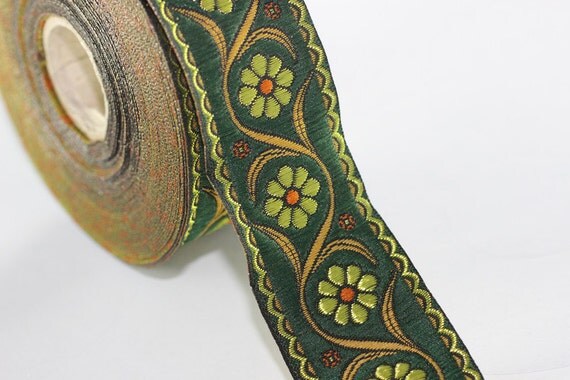 22 mm Green Floral Embroidered ribbon 0.86 inches Vintage