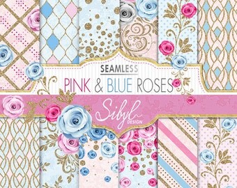 60% OFF SALE, Seamless Floral Digital Paper, Pink and Blue Roses Pattern, Digital Wedding Paper, Pink and Blue Flower, Glitter Background