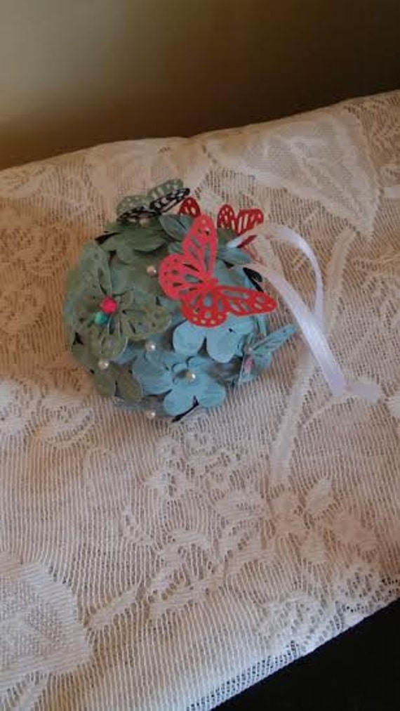 light teal decorative ball with butterfies by ZannaTigerlilyCrafts