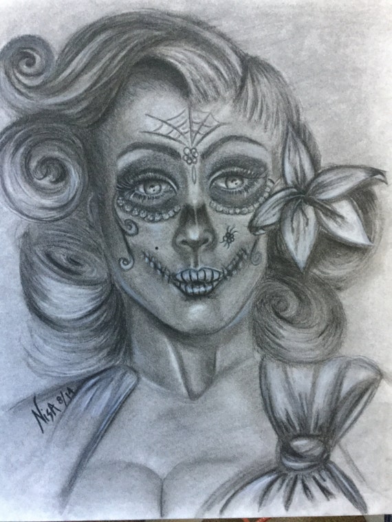 Charcoal Drawing Sugar Skull Pinup Girl