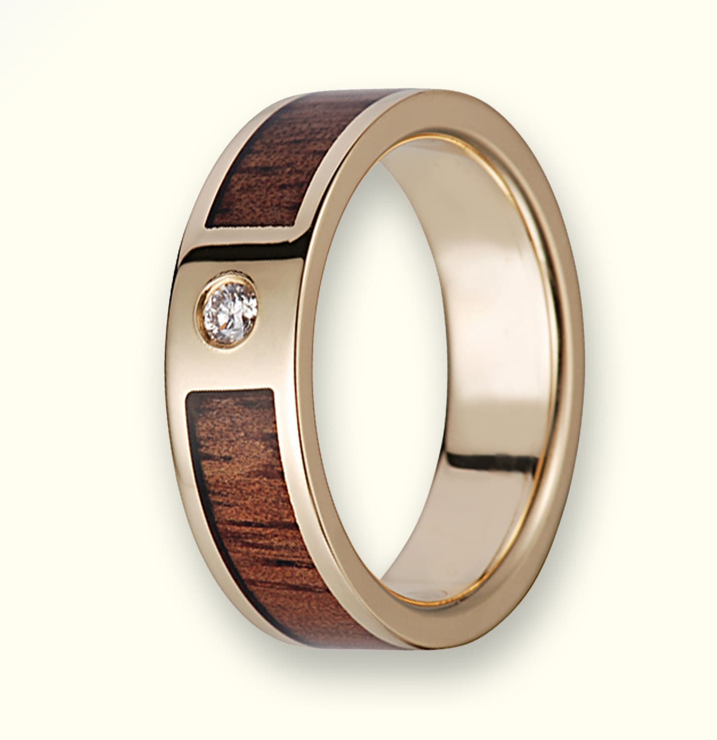 14K Gold Wedding Ring With Koa Wood Inlay & a Diamond 6mm