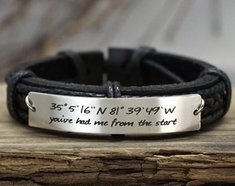 Custom Coordinates Bracelet, Latitude Longitude Bracelet, Custom Mens Leather Bracelet, Engraved Bracelet, Genuine Leather, Anniversary Gift