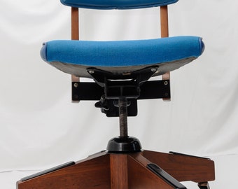 SOLDDONOTBUYSOLDDONOBUYMid Century Modern Gunlocke Office Chair Dark Walnut Blue Copper Casters