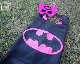 Batgirl Cape & Mask - kids cape, superhero black/pink satin cape w/ velcro closure, halloween costume, dress up, girls birthday party