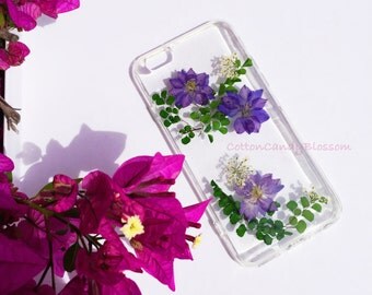 Purple Larkspur Flower,Pressed flower iPhone 7/7 Plus, Real Flower iPhone 7 case, Handmade iPhone case, Clear iPhone case,