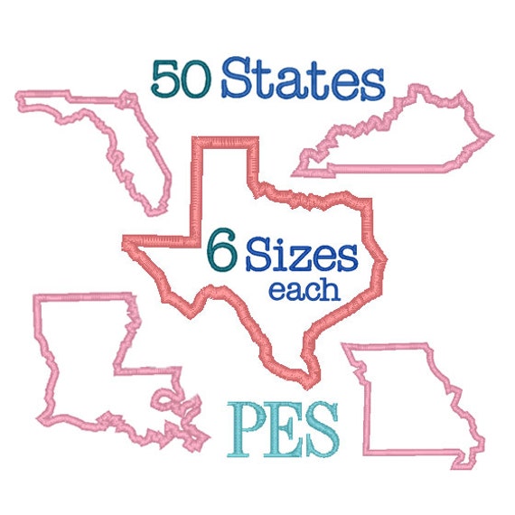 50 States Applique Embroidery Design 6 Sizes eachPES Format