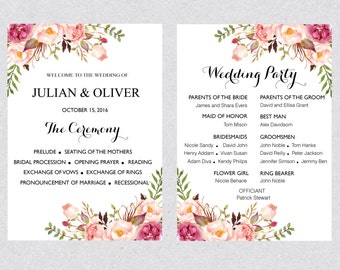 Wedding program printable Bohemian Pink and ivory Floral