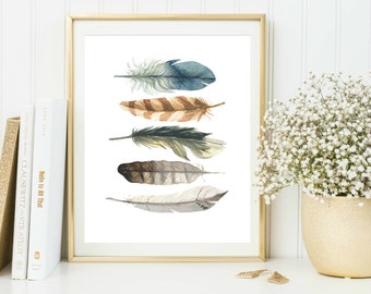 Printable Feathers Wall Art, Feathers Printable, Tribal Wall Art, Watercolor Feathers, Boho Wall Print, Tribal Wall Decor Instant Download