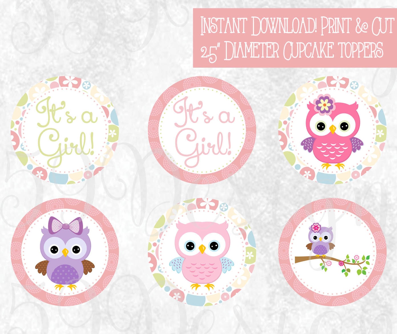 Printable Owl Cupcake Toppers Download Print It's a Girl