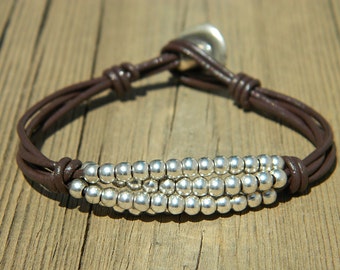Women leather bracelet,leather bracelet,leather bracelet for women,beaded bracelet, silver plated,PC012