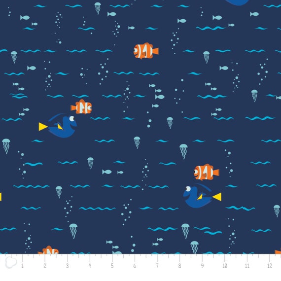 Disney Fabric Finding Dory Swimming in Navy Blue 100