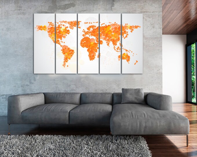 Large Orange Abstract World Map Canvas Wall Art Panel Set of 1,3,4 or 5 Panels on Canvas Wall Art for Home & Office Decoration