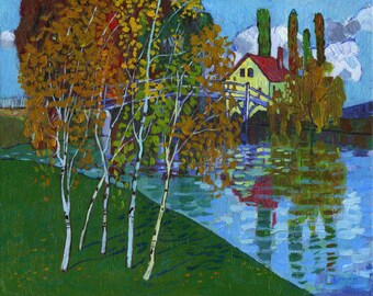 Original ACRYLIC LANDSCAPE fine art, original painting, house landscape, original fall landscape, impressionist autumn landscape