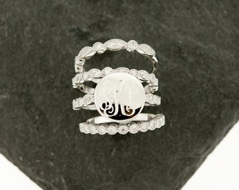 925 Silver CZ Stacking Monogram Ring, Wedding Set, Monogram Stackable Ring, Art Deco, Sterling Silver