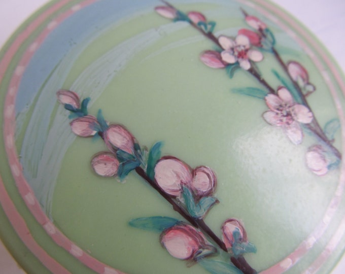 Vintage jewellery box, green plastic powder jar, handpainted pink cherry blossoms on lime green, Li-Lo product, made in Britain