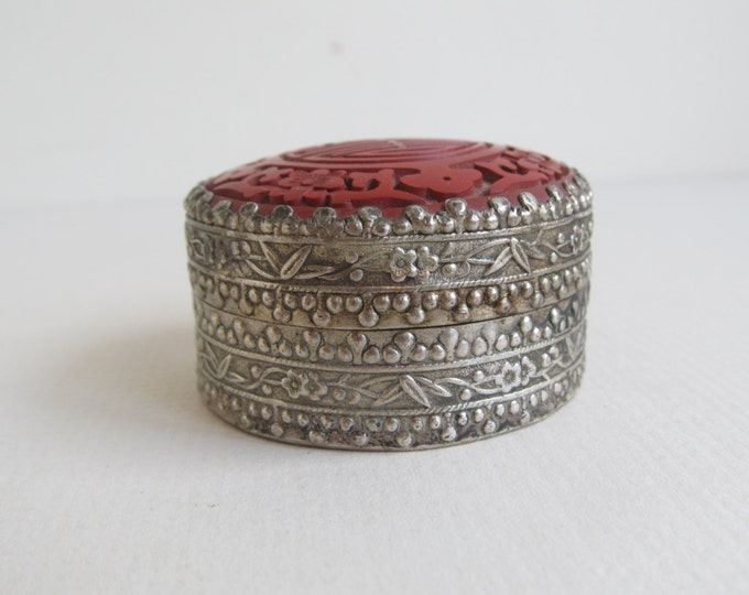 Cinnabar lidded Chinese patch box, rouge pot, jewelry trinket travel box, jewelry storage home decor