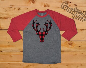 Buffalo Plaid Ladies 3/4 Sleeve Raglan Christmas T-Shirt