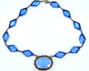 1930s Czechoslovakia Blue Glass & Gilt Brass Necklace