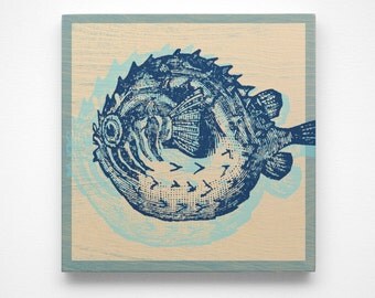 Coastal Bathroom Decor- Blowfish Art Block- Coastal Decor Beach Art- Nursery Prints- Coastal Gifts- Beach Gifts- Prints for Bathroom- Art