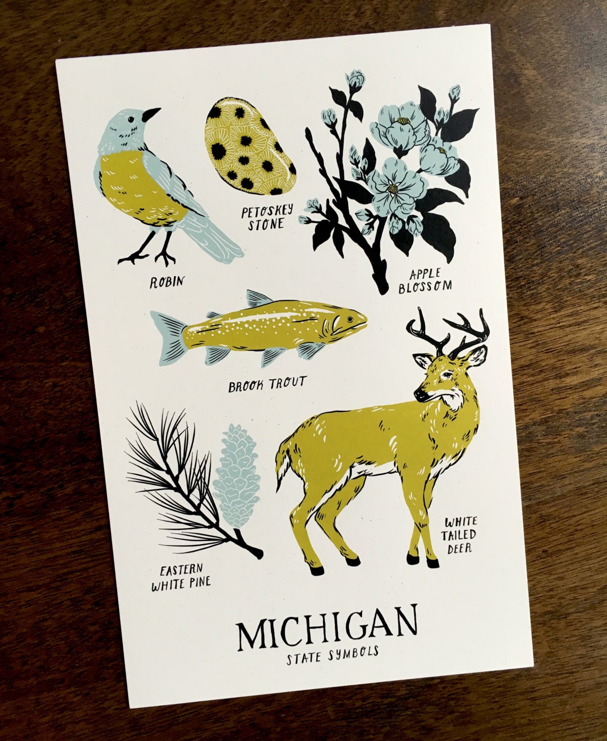 Michigan State Symbols Art Print 11x17 Hand