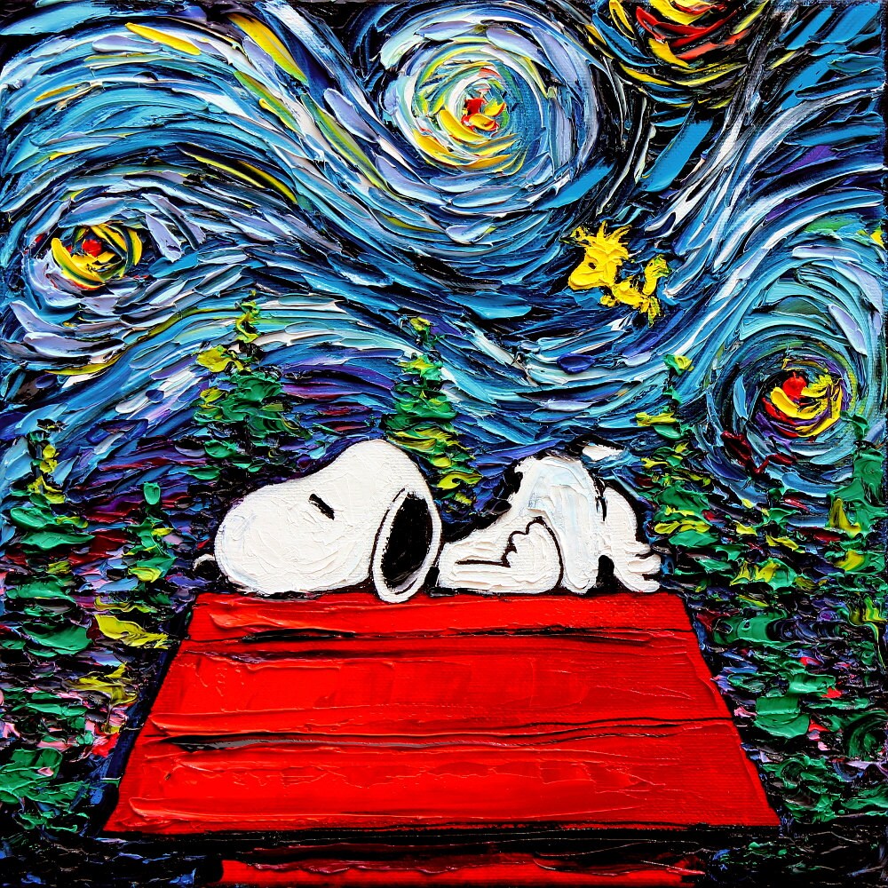 Snoopy Art Peanuts Cartoon Starry Night print van Gogh Never Snoppy, Snoopy liebe, Kunst ideen