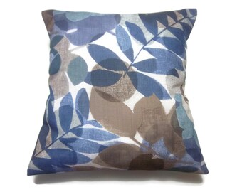 Decorative Pillow Cover Leaf and Modern Floral Shades of Blue Taupe Aqua White Same Fabric Front/Back Toss Throw Accent 18x18 inch x