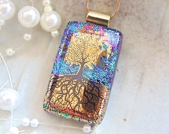 Tree of Life Dichroic Pendant, Glass Jewelry, Fused Jewelry, Necklace Included, Gold Metallic, Black, A3