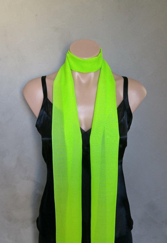 Lime / Neon Green Chiffon Slim Skinny Scarf (71 X 6 inches ) Extra Long Sheer Super Skinny Scarf
