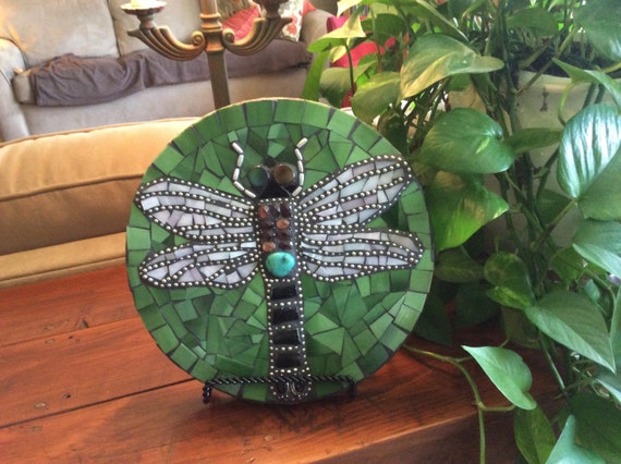 Stained Glass Dragonfly Garden Stone by MayhewMosaics on Etsy