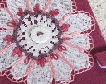 hand embroidered needle book, sewing accessory for hand sewer, travel sewing kit, wool felt needle pouch