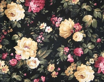 Cottage Rose Black Floral Fabric with Flowers By the Yard, Quarter Yard, Fat Quarter Roses Peony Fabric Cotton Quilting Fabric t1/39