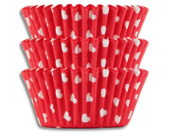 Red & White Hearts Baking Cups - 50 Valentines Day paper cupcake liners