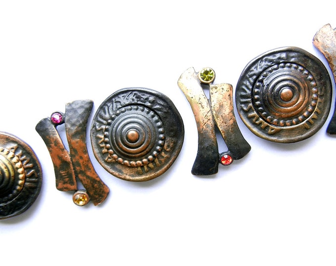 Set of Abstract Antique Copper-tone Slide Charms with Colored Rhinestones