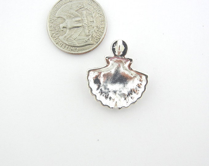 Small Scallop Seashell Pendant with Pearl Cabochon Antique Silver-tone