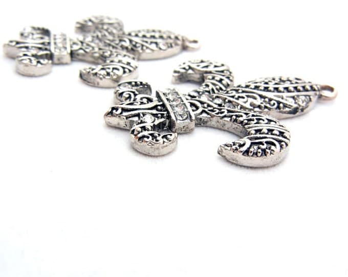 Pair Fleur de Lis Charms Antique Silver-tone Rhinestone Accent