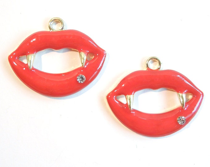 Pair of Red Epoxy Gold-tone Double Link Vampire Teeth Charms