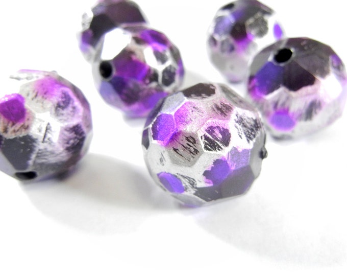 Set of 6 Large Faceted Metal Beads with Purple Black and Silver Color