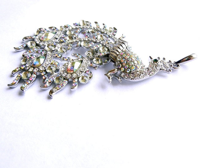 Peacock Pendant Aurora Borealis Rhinestone Encrusted Silver-tone