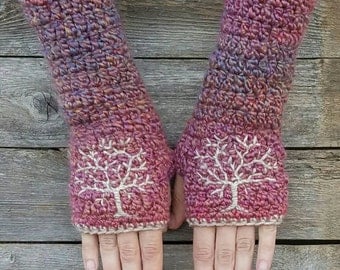 Fingerless Gloves with Tree of Life, Tree Armwarmers, Women's Gloves, Pink fingerless gloves, Women's Armwarmers Warm - MADE TO ORDER