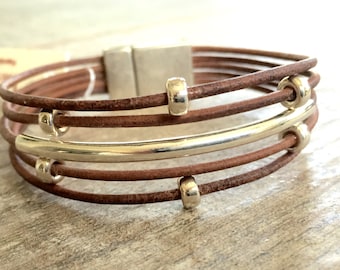 Leather Bracelet/ Sterling Silver Bracelet / Modern Chic/IseaDesigns