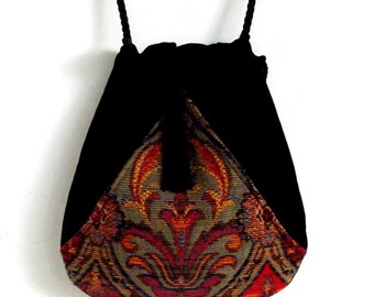 Black Velvet Tapestry Pocket Boho Bag Drawstring Bag Bohemian Bag Crossbody Purse Ethnic
