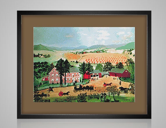 checkered house by grandma moses cross stitch pattern