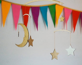 Moon & Stars Mobile - Silver and Gold - Baby Mobile - Wooden Mobile - Nursery Mobile