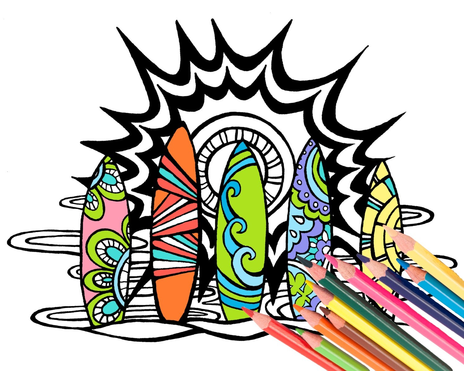 Surf Boards Coloring Page Digital Download Beach Art A