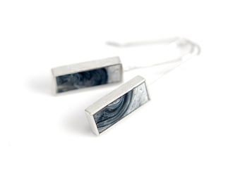 Barred Earrings - marbled black and white resin sterling silver rectangle